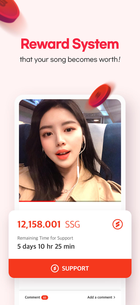SOMESING with K-pop - Interface of the SOMESING app showcasing the blockchain reward system for singers and a support button for creators