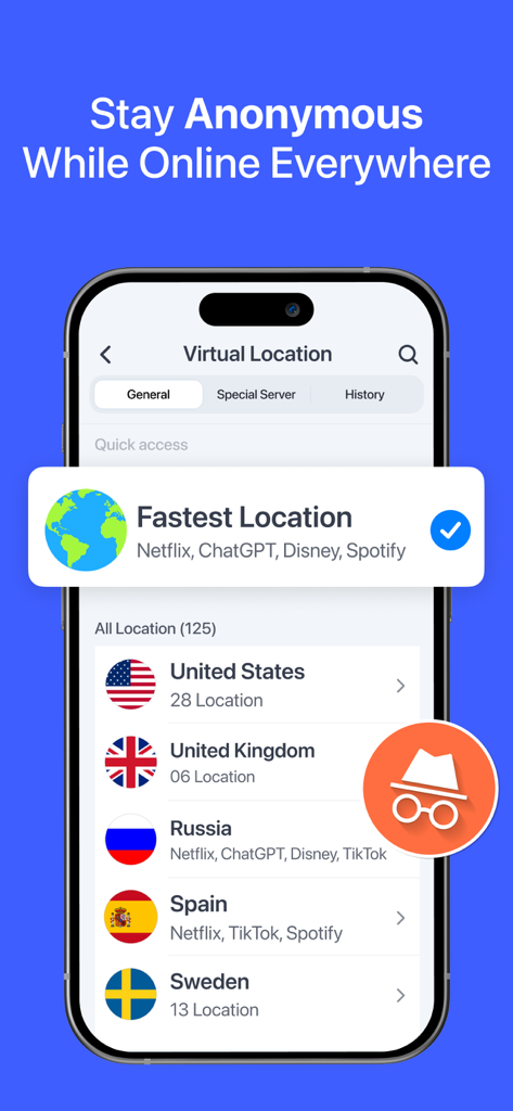 Interface of the VPN for iPhone app showing a list of global server locations including the United States and United Kingdom for anonymous browsing.