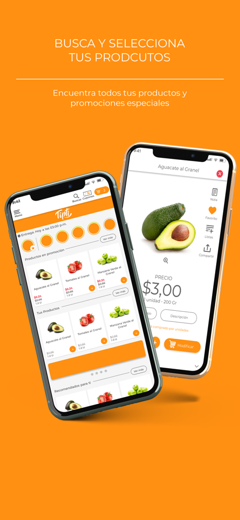 Pantallas de la aplicación móvil Tipti que muestran una lista de búsqueda de comestibles y una vista detallada del producto para aguacates frescos.