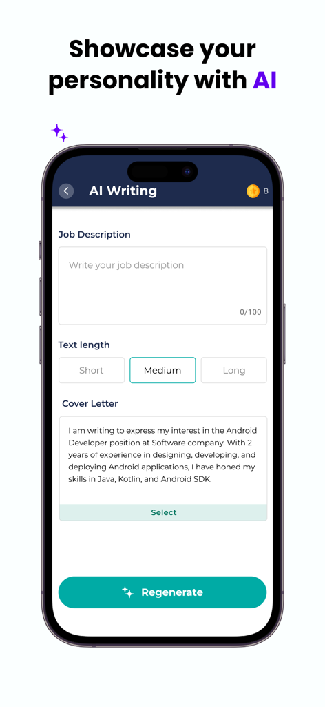 AI Resume Maker - CV Builder - AI cover letter generator interface with job description input and text length options