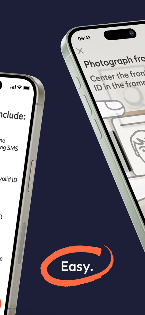 IDnow Verify - Two smartphones showing the IDnow Verify app identity verification steps with the word Easy circled in orange