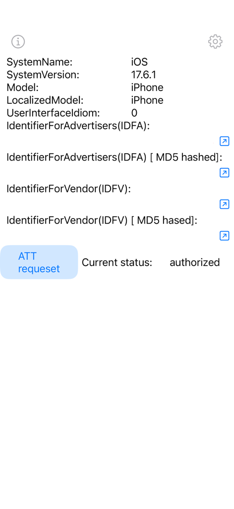 iOS app screen showing system version IDFA and IDFV identifiers