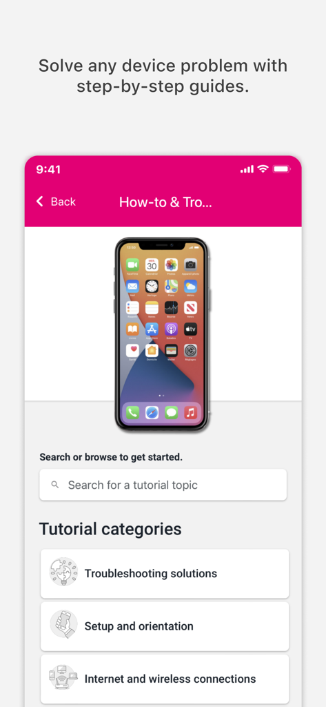 Bildschirm der Protection 360 App, der schrittweise Anleitungen zur Fehlerbehebung und Kategorien für die Geräteeinrichtung anzeigt