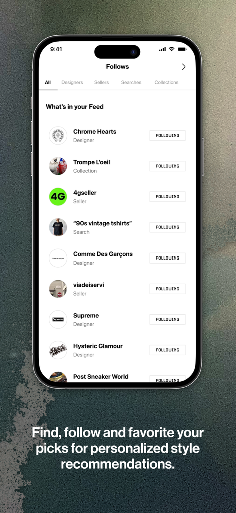 Grailed app screen showing a list of followed designers and sellers for personalized style recommendations.