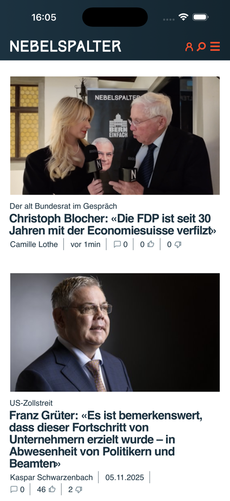 Nebelspalter - Nebelspalter mobile app news feed showing political articles and interviews