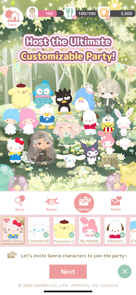 ハローキティ ドリームビレッジのメニュー画面。ハローキティ、シナモロール、マイメロディなどのサンリオキャラクターをカスタマイズ可能なゲーム内パーティーに招待できます。