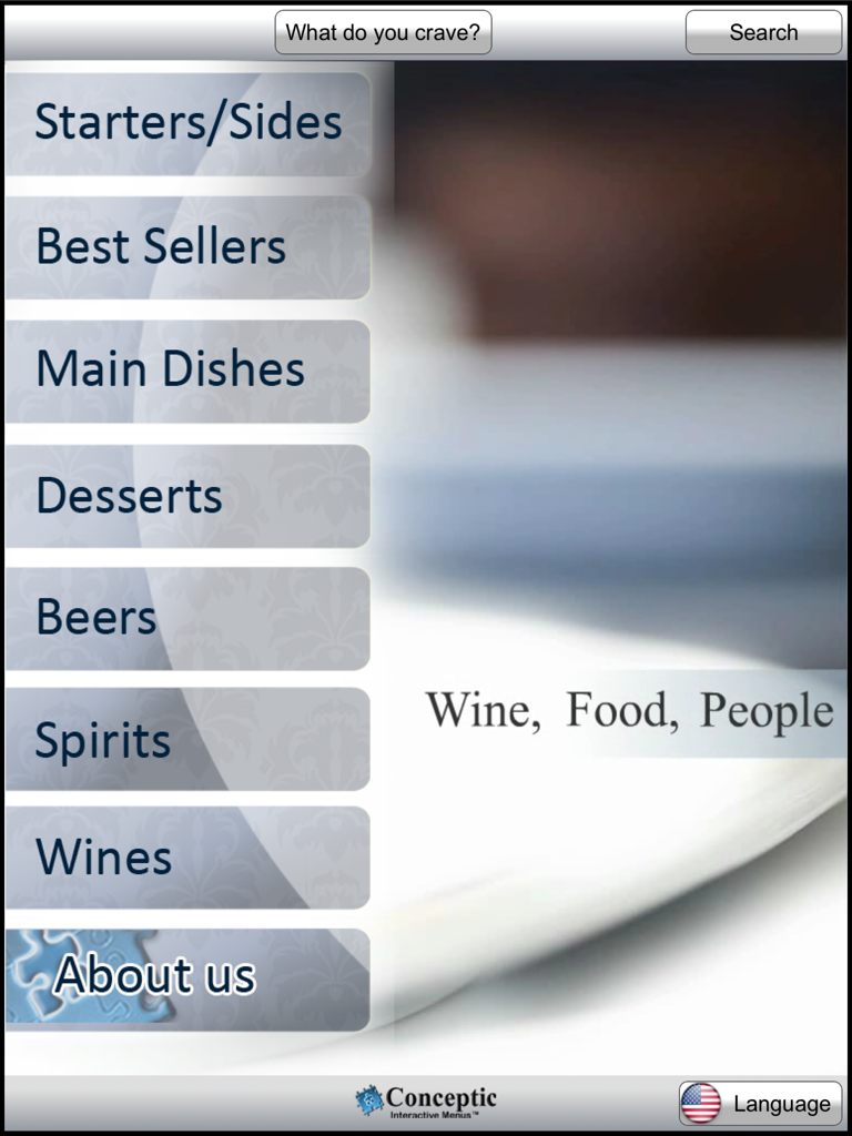 Interactive restaurant menu interface on iPad displaying food and drink categories.