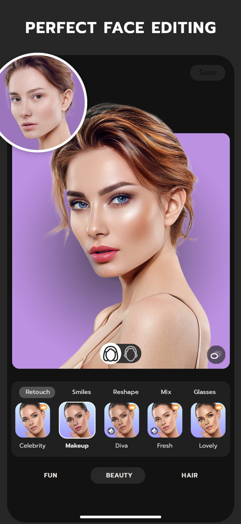 FaceLab App-Screenshot, der eine Frau mit einem aufgetragenen Make-up-Filter zur perfekten Gesichtsbearbeitung zeigt.