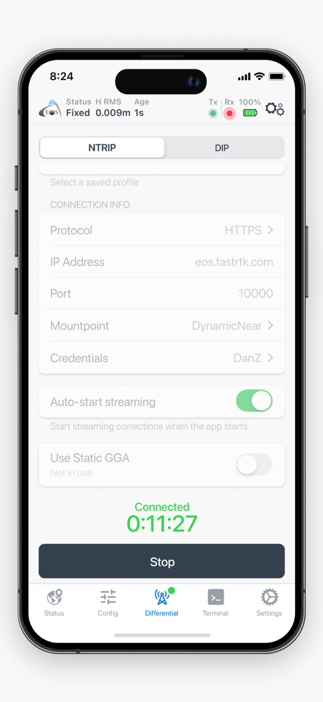 Eos Tools Pro - Eos Tools Proアプリインターフェイス。高精度GNSSマッピングのためのNTRIP設定が表示されています。