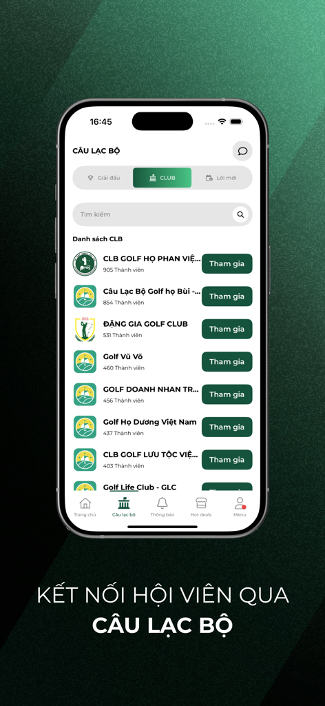 vHandicap Golf app screen displaying a searchable directory of Vietnamese golf clubs with join options
