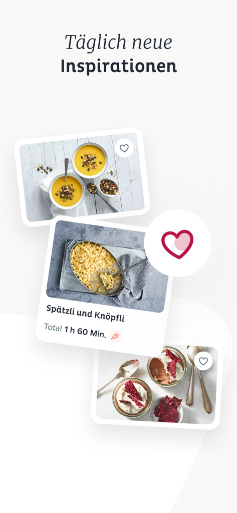 Daily recipe inspiration screen featuring cards with Swiss dishes and a heart favorite icon