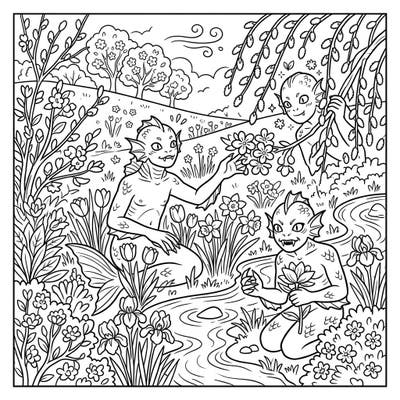 Unleash your creativity with this enchanting coloring page featuring mysterious gilled humanoids enjoying the beauty of a vibrant spring landscape. Discover a world where fantasy creatures interact with blooming flowers and serene natural elements, perfect for a peaceful coloring experience.