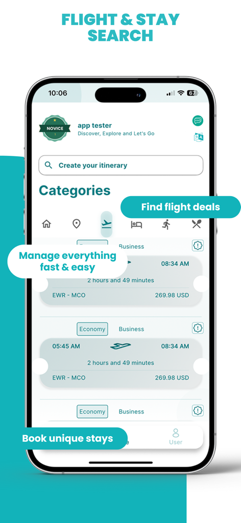 Lets2Go app screen showing flight search results and trip planning categories