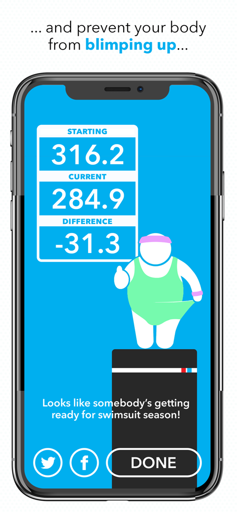 CARROT Fit - Pantalla de seguimiento de peso de CARROT Fit que muestra un personaje en traje de baño y una pérdida de peso de 31 libras.