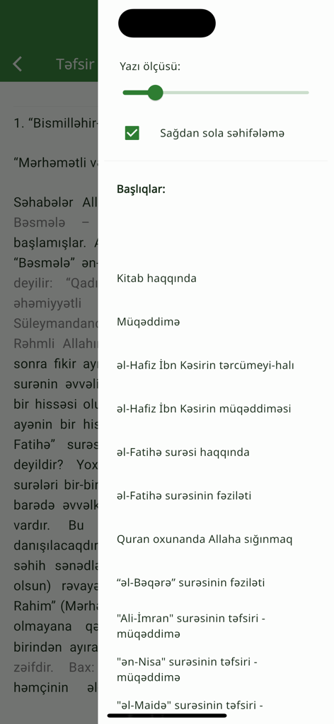 Tanzil (Quran with Tajweed) - Tanzil app interface showing font size settings and table of contents in Azerbaijani