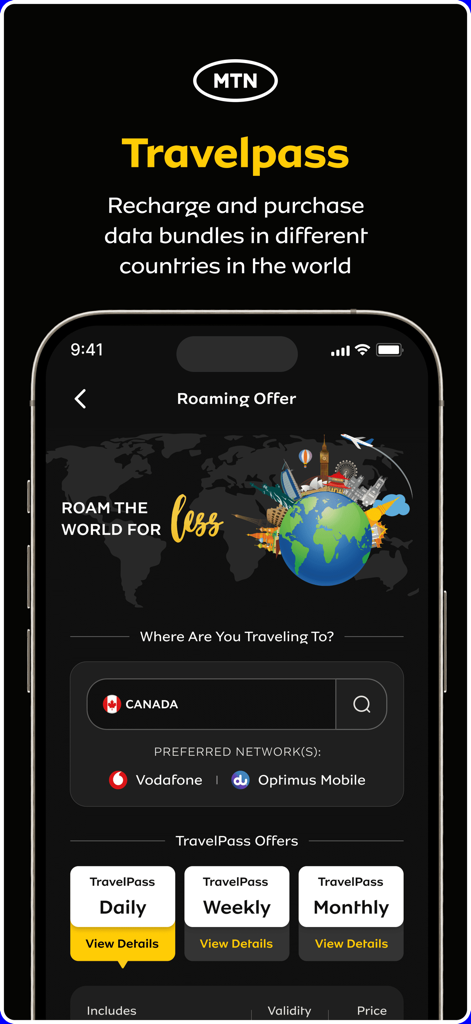 myMTN NG - Interfaz de la aplicación myMTN NG que muestra las opciones de roaming de TravelPass y los paquetes de datos internacionales.