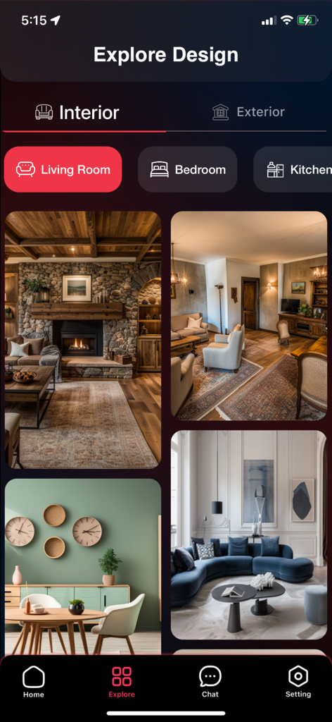 Home AI : AI Interior Design - Home AI app interface showing a curated gallery of living room and interior design styles