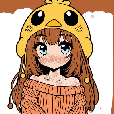 anime girl with chick shaped hat with sweater with bare shoulders with bangs covering them one eye with low tail