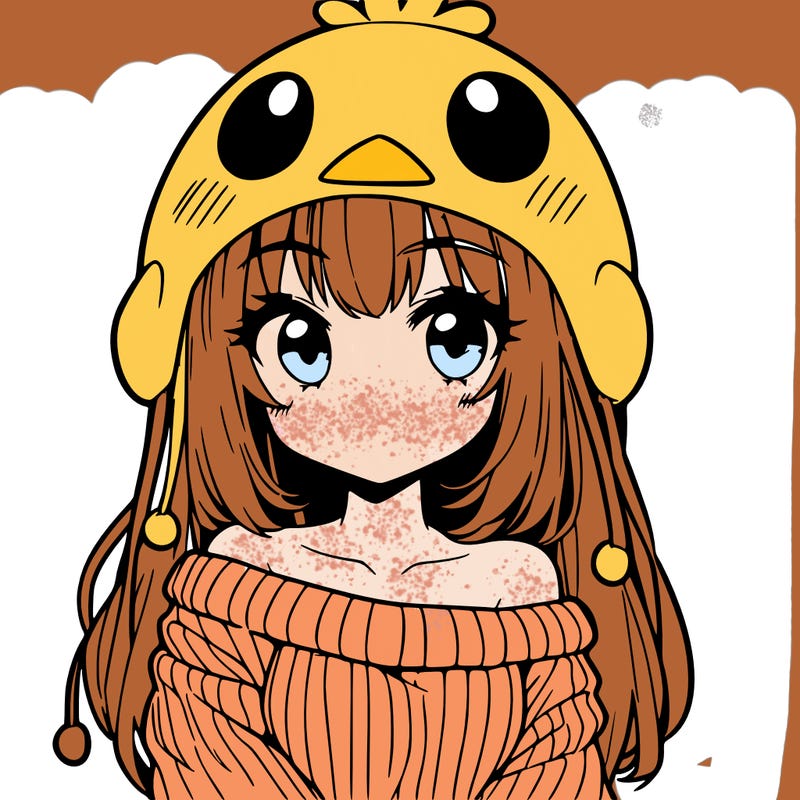anime girl with chick shaped hat with sweater with bare shoulders with bangs covering them one eye with low tail