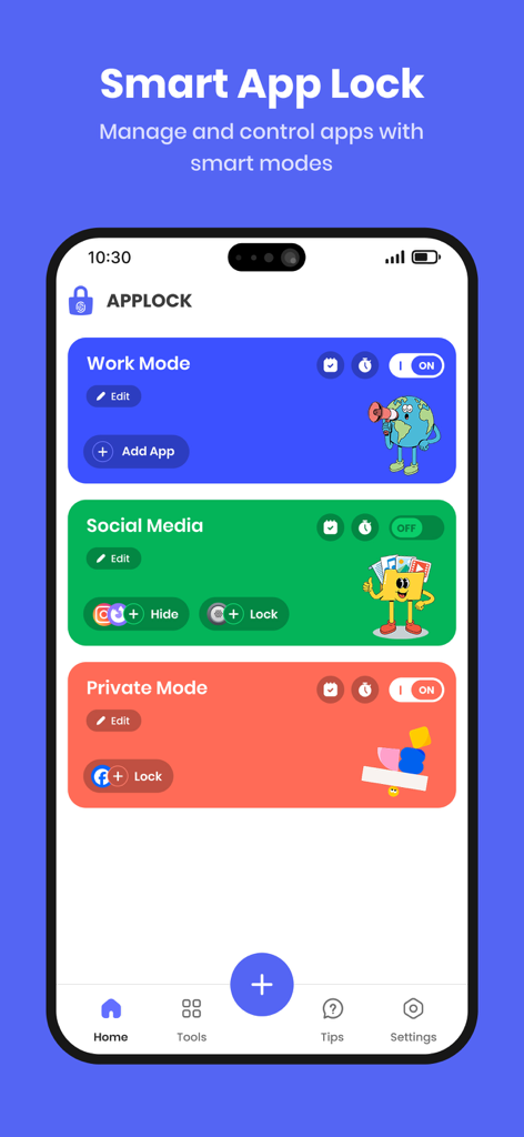 AppLock - App Lock & Guard - AppLock interface showing custom security modes for work, social media, and private apps