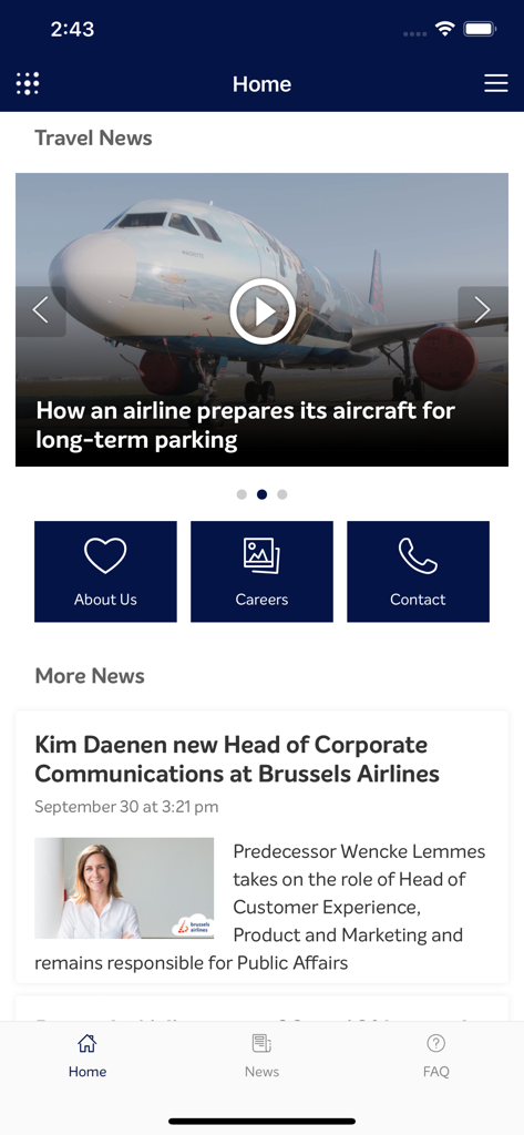 Sherlock by Brussels Airlines - The home screen of the Sherlock by Brussels Airlines app featuring airline industry news and corporate career links