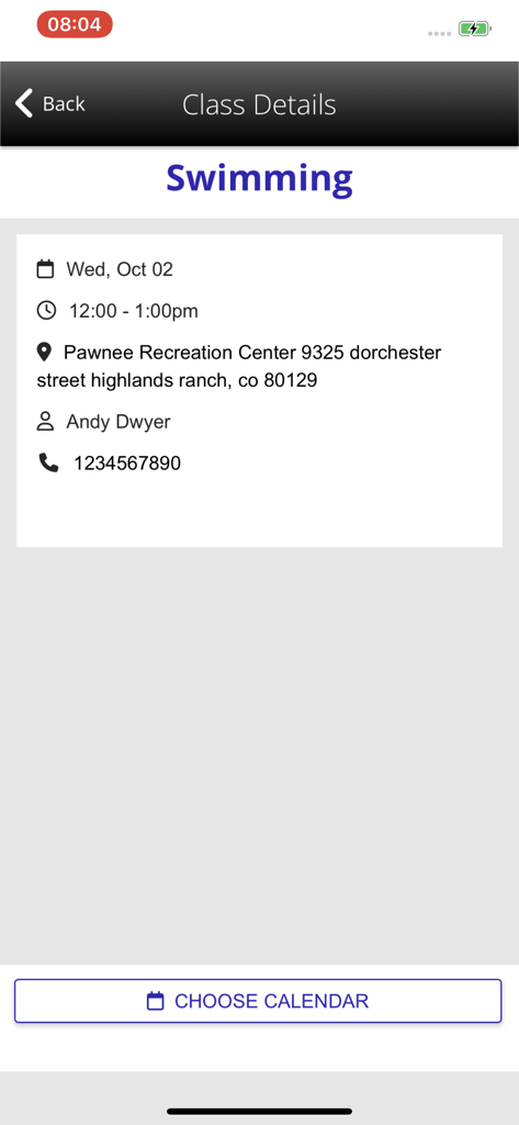 Zen Planner Member App showing class details for a swimming session including time location and instructor