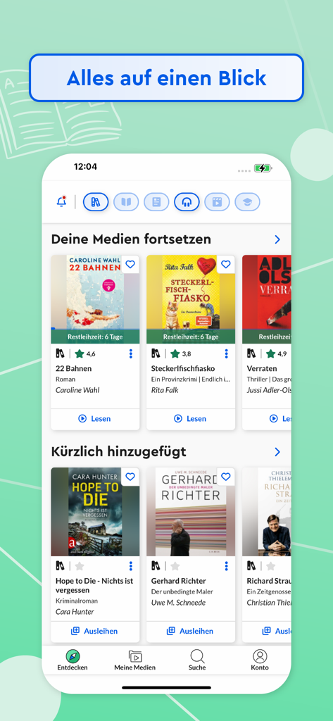 Onleihe 3 - Interface de l'application Onleihe 3 montrant les prêts en cours et les livres et médias numériques ajoutés récemment