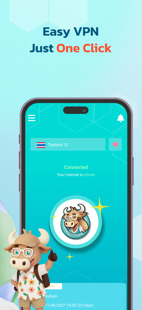 Interfaccia dell'app mobile BullVPN che mostra una connessione in un clic e lo stato connesso con una mascotte a forma di toro.