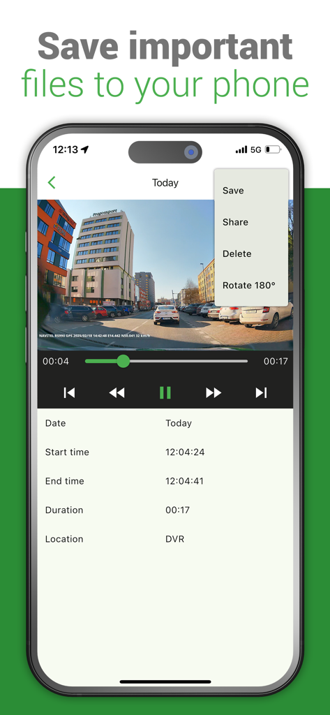 Navitel  DVR Center - Navitel DVR Center app interface showing dashcam video playback and save options