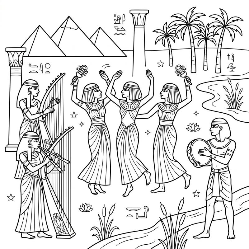 Step back in time to the land of pharaohs and pyramids with this engaging ancient Egyptian coloring page for kids. Featuring lively musicians and graceful dancers, it’s a perfect way to explore history while sparking creativity.