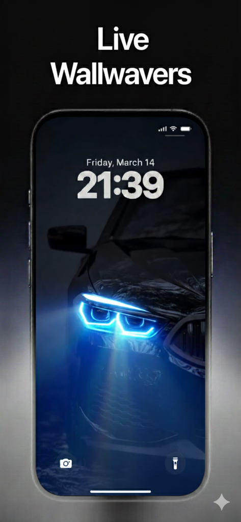 Wallify: 4K Live Wallpapers - Wallify app displaying a 4K live car wallpaper with glowing blue headlights on a smartphone lock screen