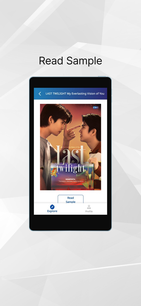 Screenshot of the GMMTV e-BOOK app showing a read sample page for the novel Last Twilight