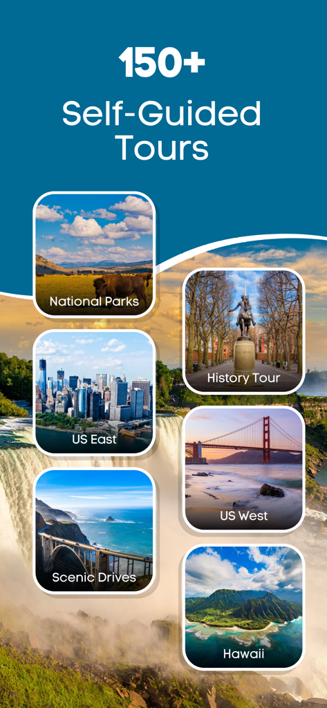Niagara Falls: USA & Canada - Captura de tela do aplicativo Niagara Falls mostrando mais de 150 tours de áudio autoguiados, incluindo Parques Nacionais e rotas cênicas dos EUA