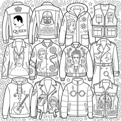 Embark on a creative journey with this unique coloring page featuring an array of outerwear inspired by cultural icons. From rock legends to sci-fi heroes, discover a wearable gallery of pop culture to personalize.