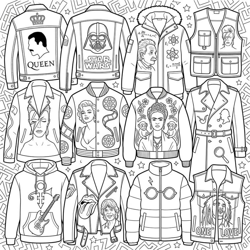 Embark on a creative journey with this unique coloring page featuring an array of outerwear inspired by cultural icons. From rock legends to sci-fi heroes, discover a wearable gallery of pop culture to personalize.