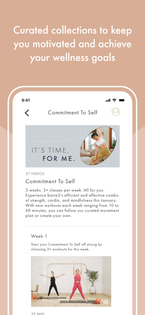 barre3 online - Screenshot of the barre3 online app displaying curated wellness collections and movement plans