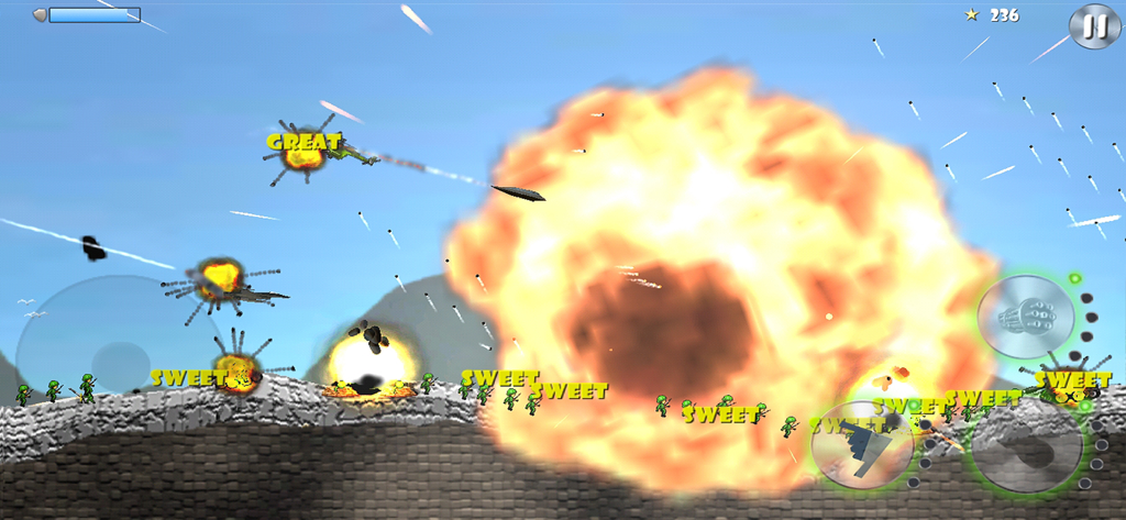 Carpet Bombing - Bomber Attack - Gameplay im Arcade-Stil eines Bomberspiels mit einer riesigen Explosion, die Bodentruppen und Gelände zerstört.