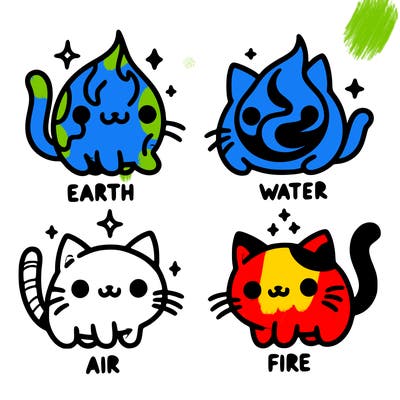 4 cats that represent the different elements, earth, water, air, and fire