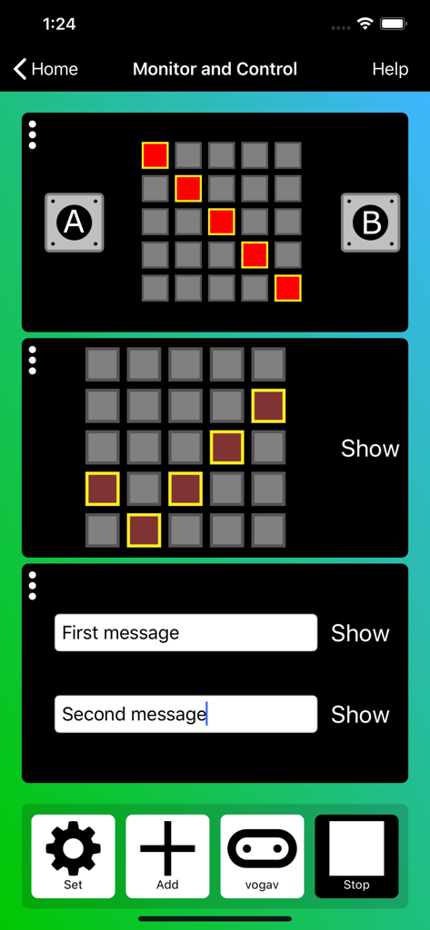 Microbit app monitor and control interface with LED matrix and message controls.