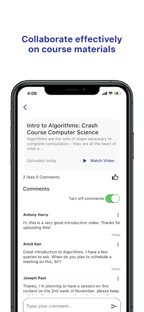 Linways V4 mobile app interface for collaborating on course materials and student comments