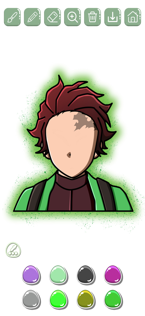 Manga & Anime coloring book - Interface of a manga and anime coloring book app featuring a male character drawing with a color palette and digital painting tools