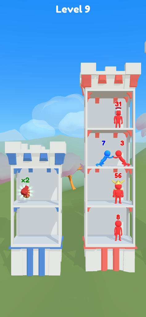 Push Tower - A gameplay screenshot of Push Tower showing a blue hero battling red enemies on different tower floors based on numerical values.