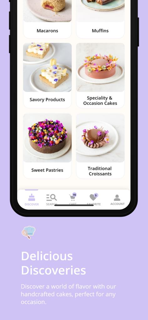 Eastern Bakery - A mobile app interface for Eastern Bakery showing menu categories for macarons, muffins, savory products, and specialty cakes.