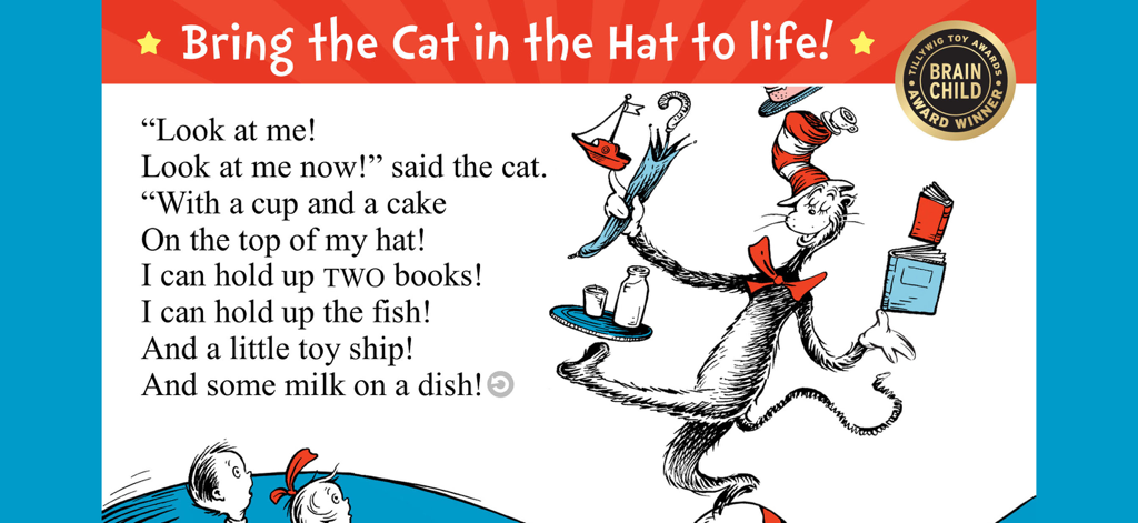 The Cat in the Hat - El personaje del Gato Ensombrerado haciendo equilibrio con objetos y el texto del cuento de la aplicación de libro interactivo.
