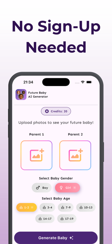Future Baby AI Generator - Future Baby AI Generator mobile interface showing photo upload and customization options with no sign up required.