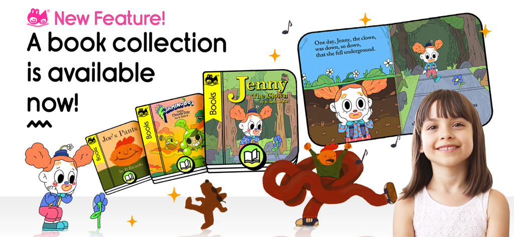 Interfaz de la aplicación Boop Kids que muestra una nueva colección de libros de cuentos digitales para niños pequeños y preescolares.