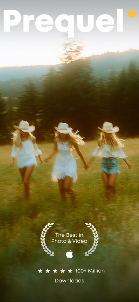 Pantalla promocional de la aplicación Prequel que muestra filtros de película estéticos en mujeres en un campo con un hito de descarga