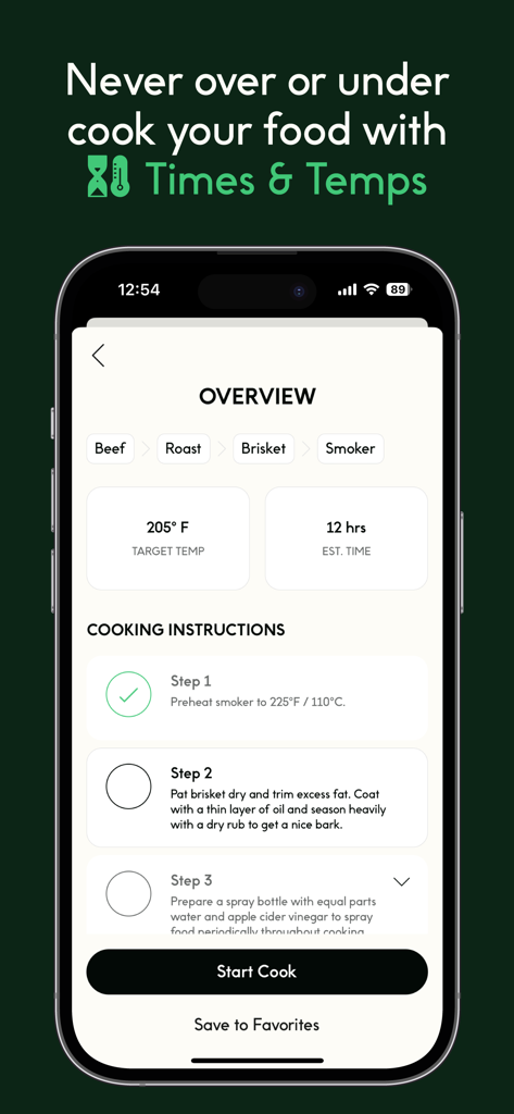 Interfaccia dell'app CHEF iQ che mostra la temperatura target e le istruzioni di cottura passo passo per un arrosto di punta di manzo