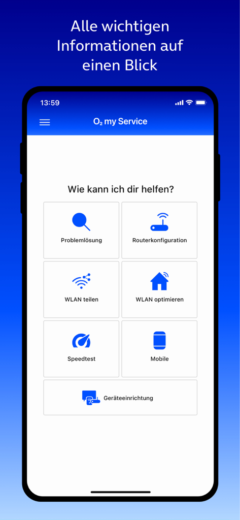 o2 my Service - Panel principal de la aplicación o2 my Service mostrando iconos para solución de problemas, configuración de router y herramientas de WiFi.