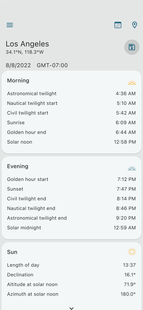 Sun Position Sunrise & Sunset - Sun Position app screen showing sunrise sunset and golden hour data for Los Angeles